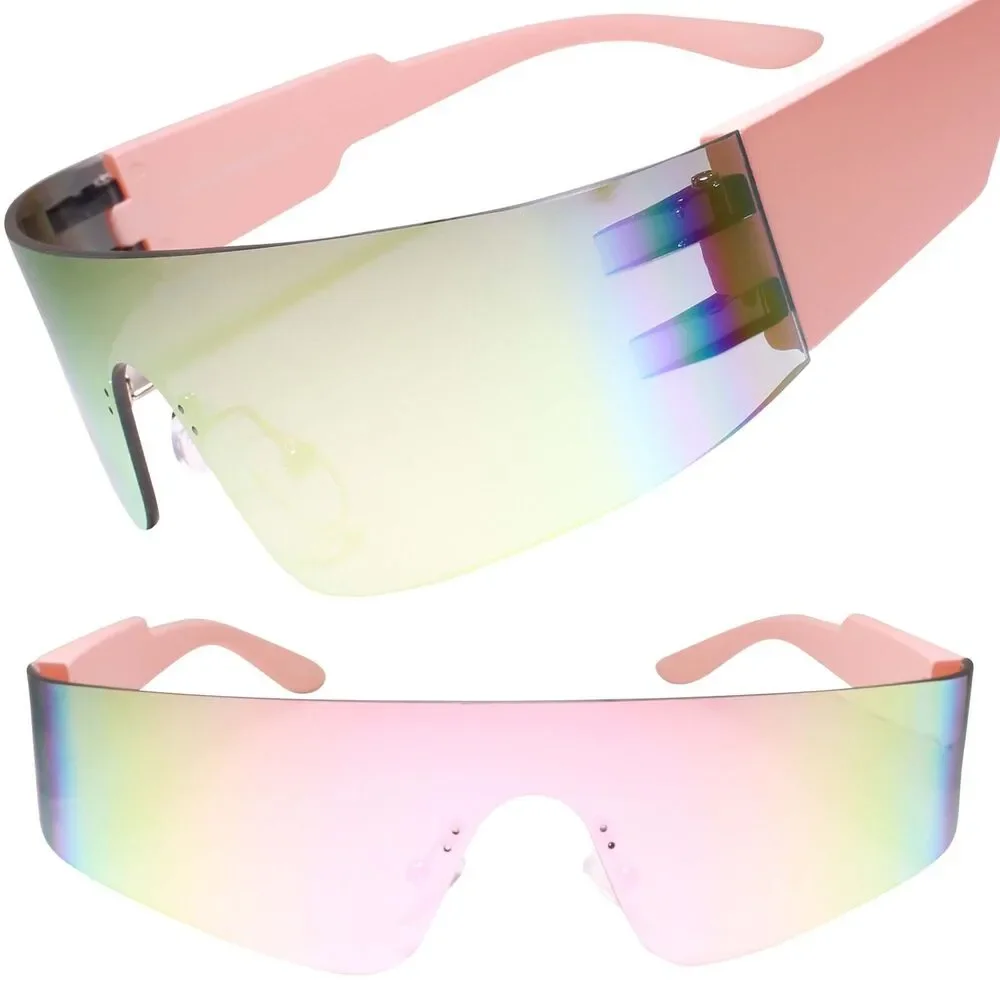 Trendy Rimless Futuristic Wrap Around Sunglasses Pink Mirrored Cyberpunk Visor